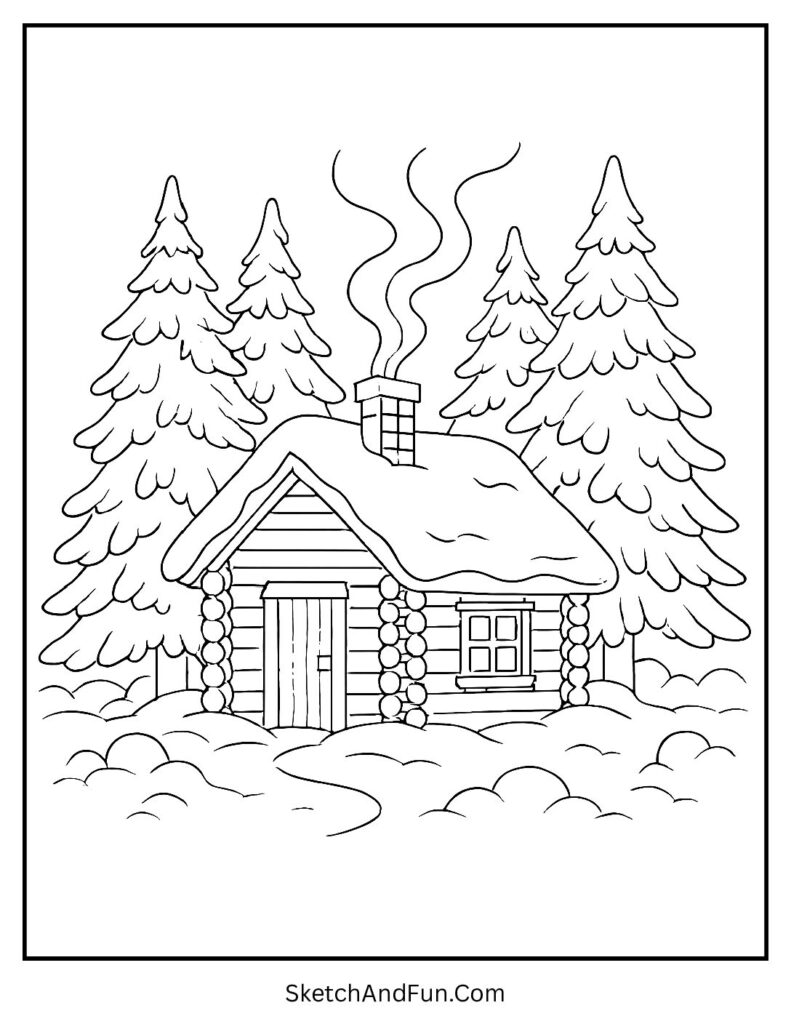 Snowy cabin scene for a winter cabin coloring page black and white