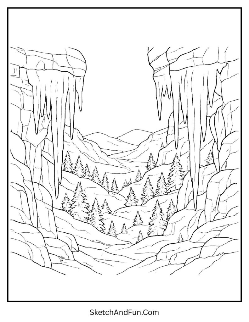 Cliff view created for winter scenes coloring pages for adults
