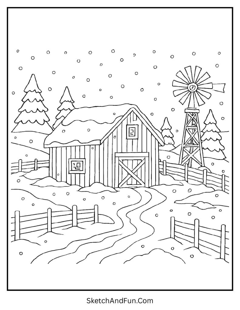 Snowy barn scene for snow landscape coloring pages free pdf