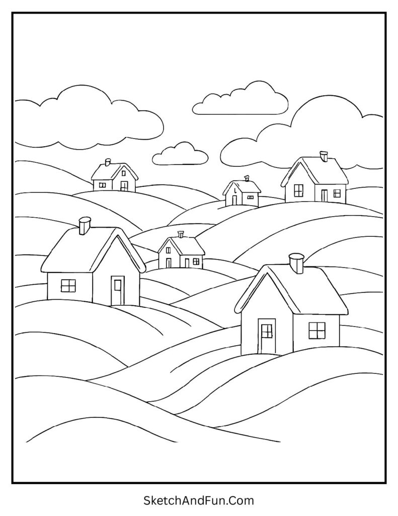 Snowy hills scene for winter village coloring pages printable