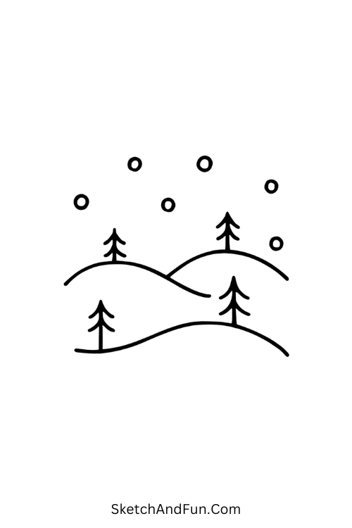 Snowy hills with tiny trees for winter landscape drawing easy