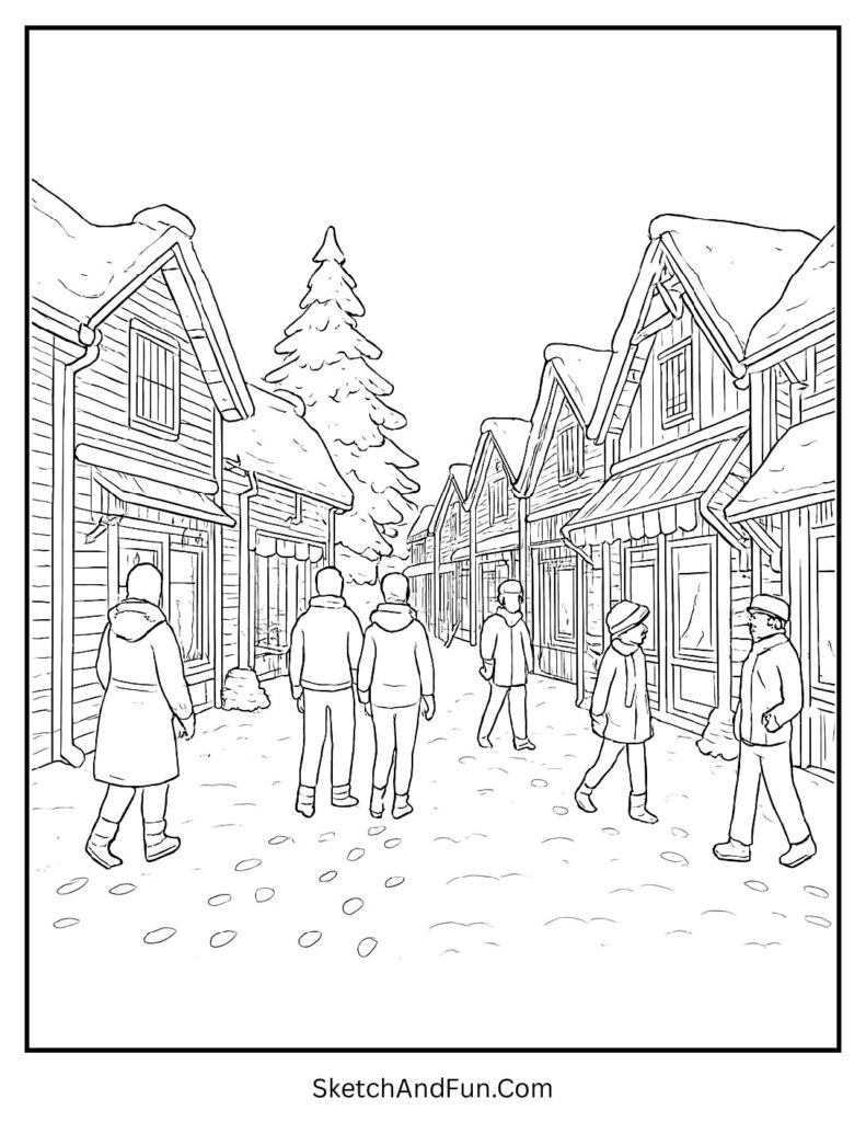 Snowy market street for winter season coloring pages printable download