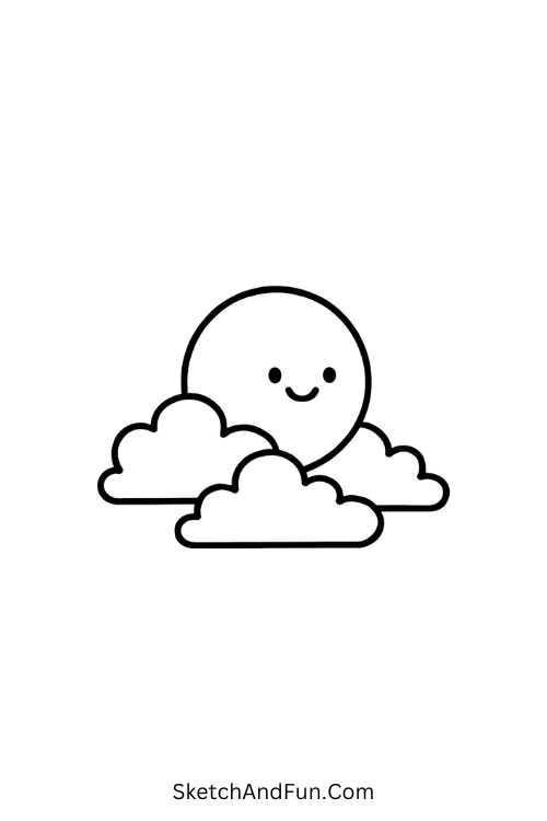 Smiling moon peeking through clouds for cute winter scene drawing ideas