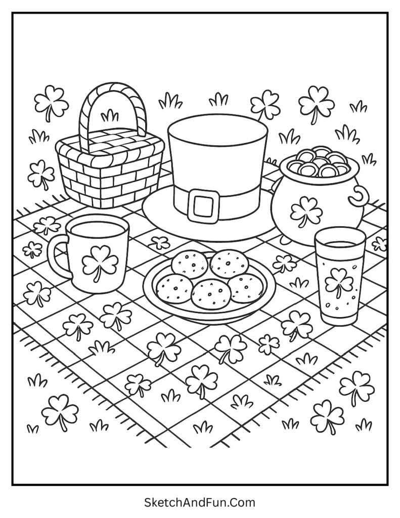 St Patrick’s Day picnic scene for St Patrick’s Day coloring pages holiday printable