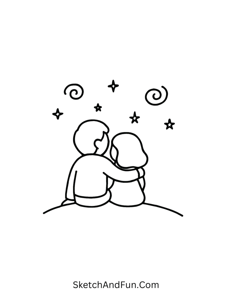 Couple under stars scene, cute romantic doodles for boyfriend calm love