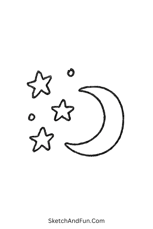 Starry night with moon and stars sweet for easy doodle drawing ideas.