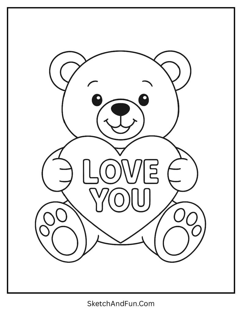 Teddy bear holding heart smiling – Valentines day coloring pages teddy bear