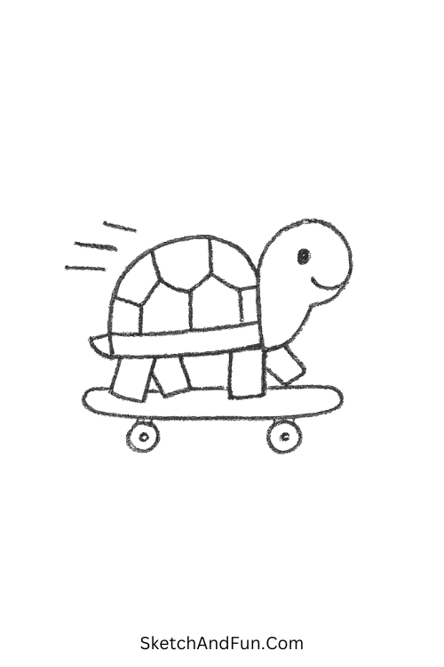Fast-moving turtle on a skateboard in easy funny drawings for beginners