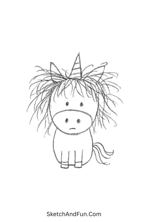 Messy-haired unicorn styled as funny drawings of cartoons
