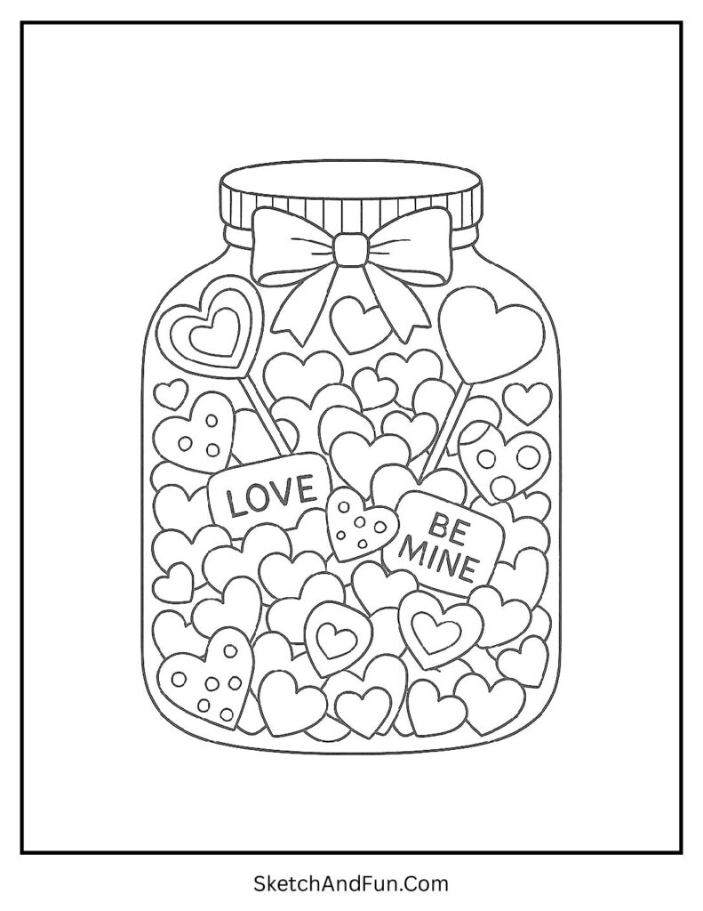Jar of heart candies and sweets – Valentines day coloring pages for toddlers