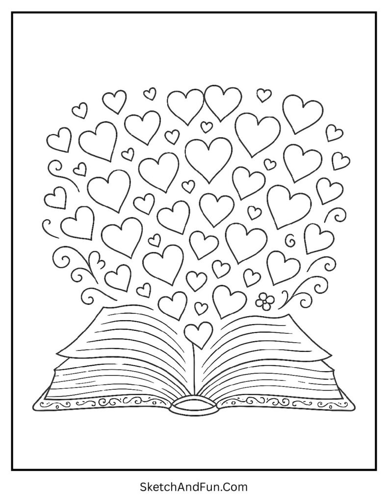 Open book with hearts floating out – Valentines day coloring pages easy hearts