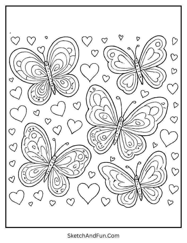Butterflies with heart-shaped wings – Valentines day coloring pages minimal style