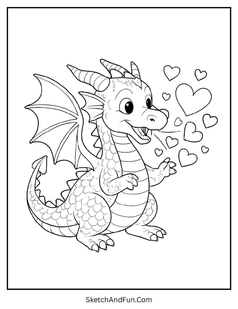 Friendly dragon breathing hearts – Valentines day coloring pages love symbols