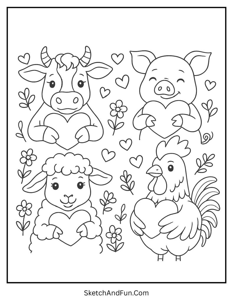 Farm animals sharing hearts – Valentines day coloring pages for preschool