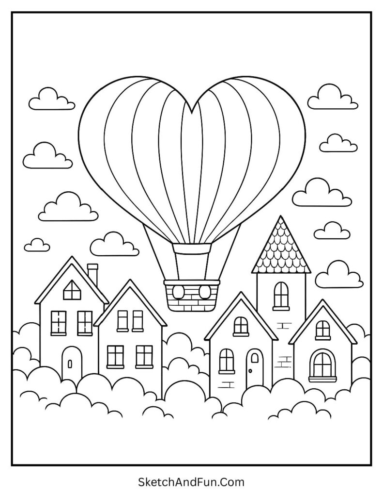 Heart hot air balloon above houses – Valentines day coloring pages pdf