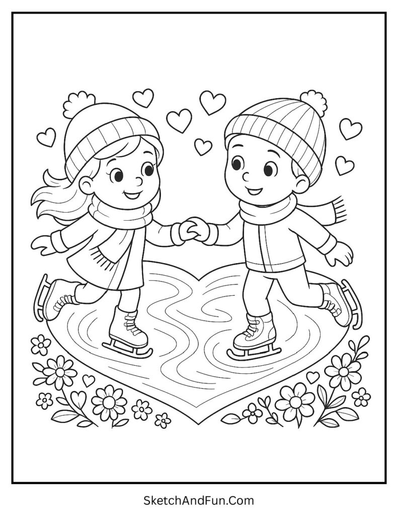 Kids ice skating on heart-shaped ice – Valentines day coloring pages for students
