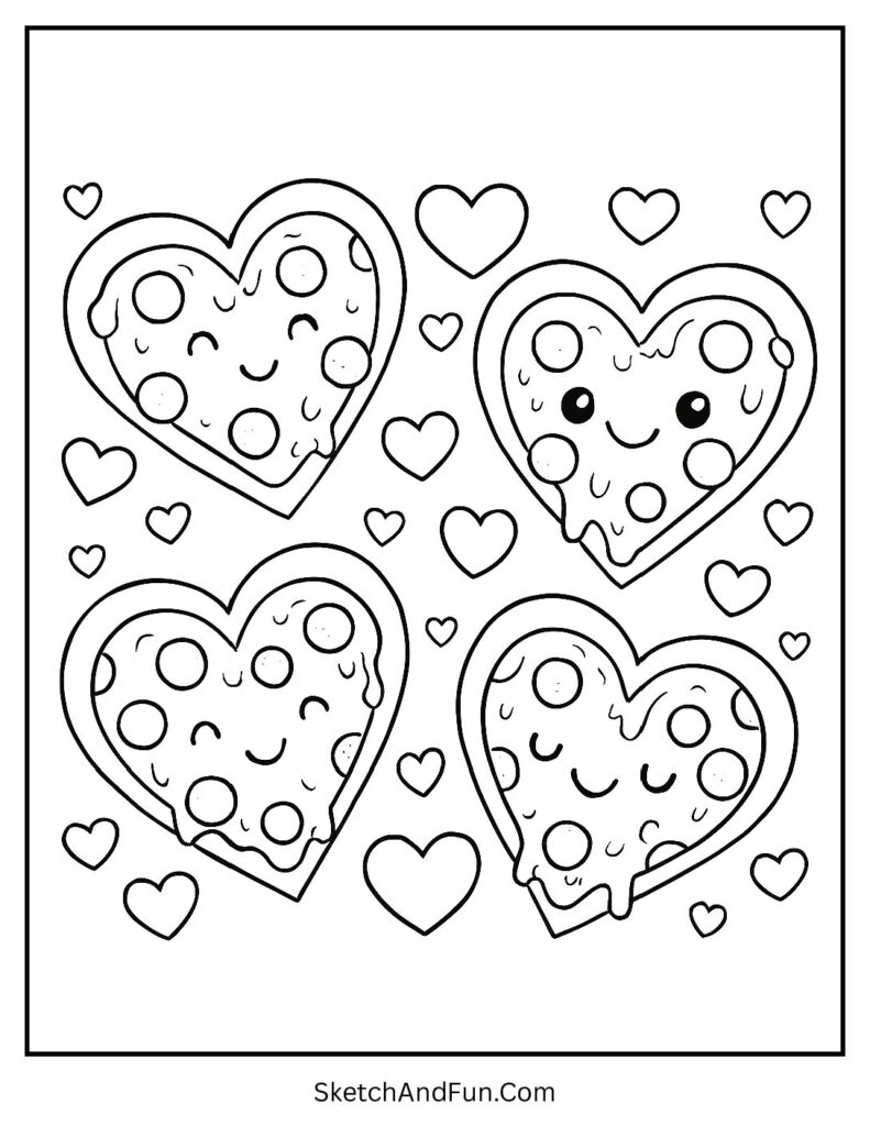 Heart-shaped pizza slices – Valentines day coloring pages activity sheets