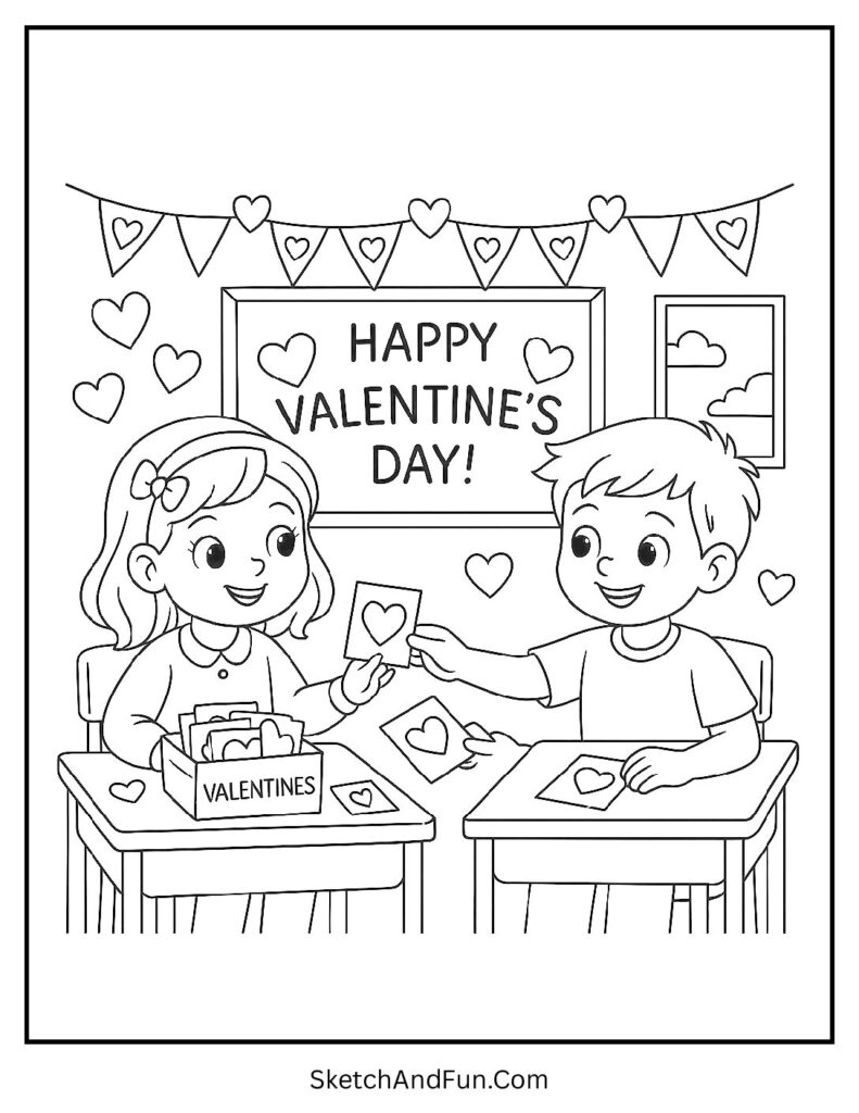 Kids exchanging Valentine cards – Valentines day coloring pages school activity