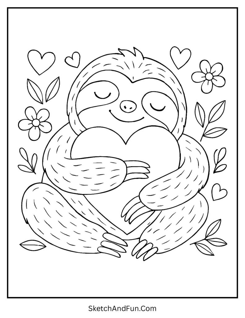 Relaxed sloth hugging a heart – Valentines day coloring pages relaxing