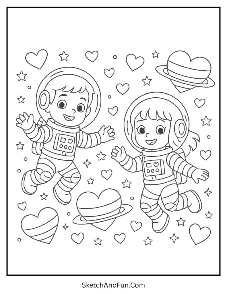 Kids floating with heart planets – Valentines day coloring pages kids pdf