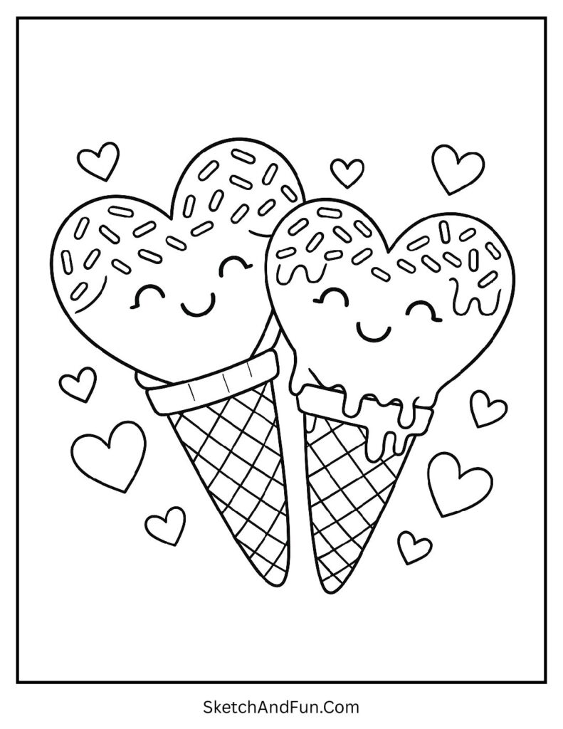 Heart-shaped ice cream cones – Valentines day coloring pages fun designs