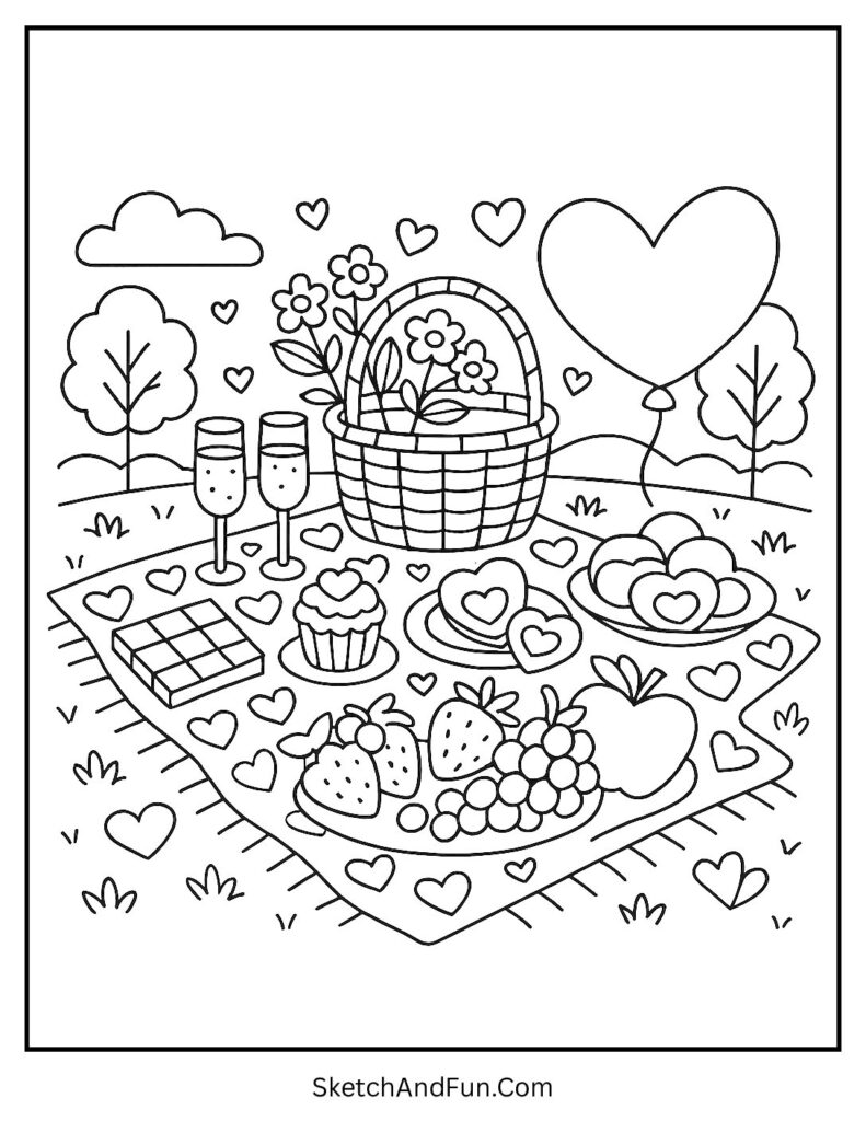 Picnic with heart blankets and snacks – Valentines day coloring pages holiday activity