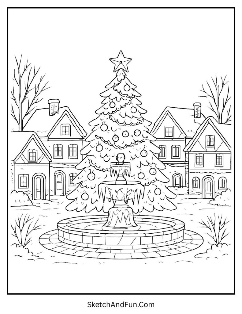 Village Square With Christmas Tree and Frozen Fountain Coloring Page pdf