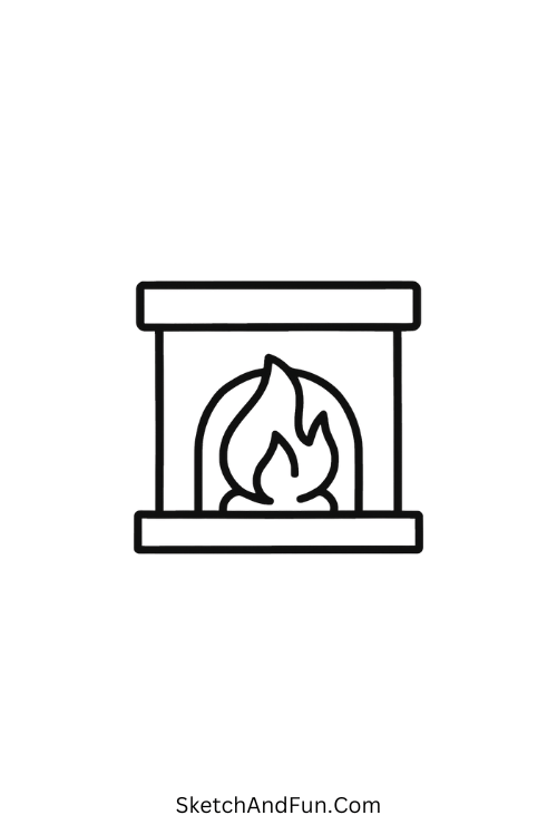 Warm fireplace with dancing flames for easy winter drawings step by step