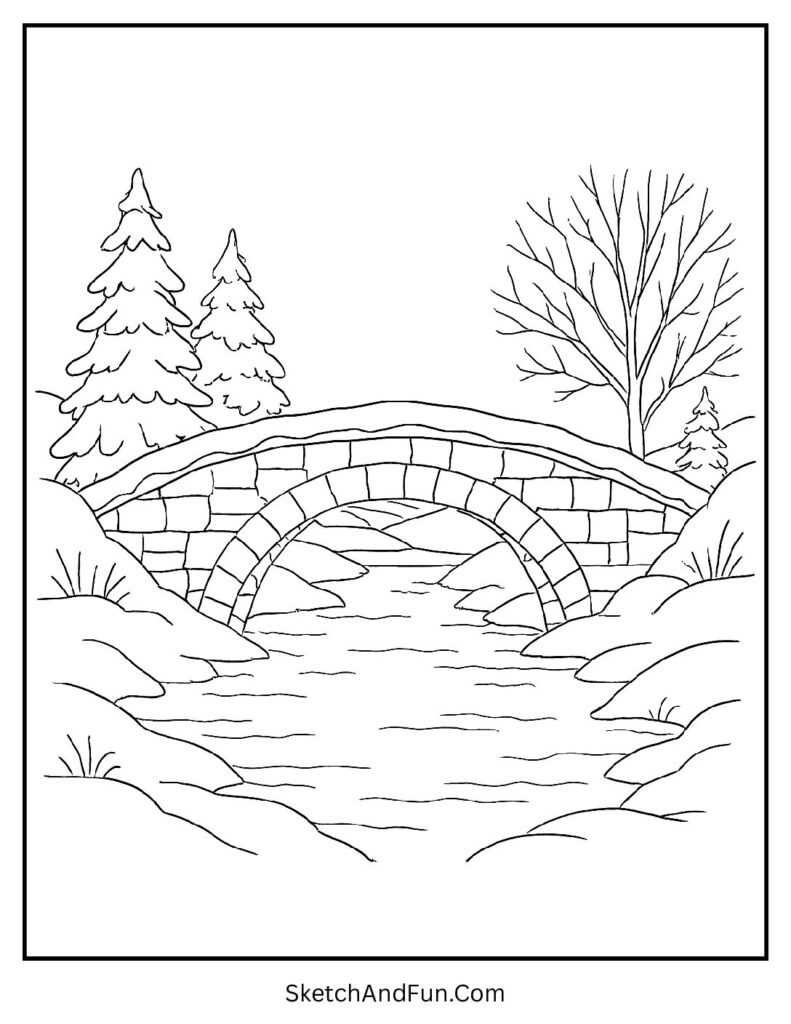 Stone bridge scene for a winter landscape coloring sheet printable