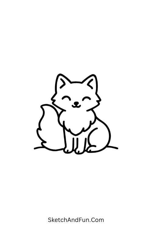 Fluffy fox sitting in snow for winter sketch ideas for kids and adults