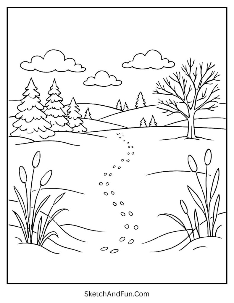 Meadow tracks shown in a winter trees landscape coloring page pdf
