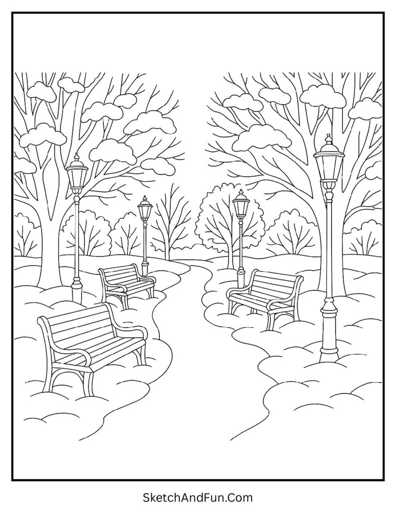 Snowy park view for winter colouring pages (UK spelling)