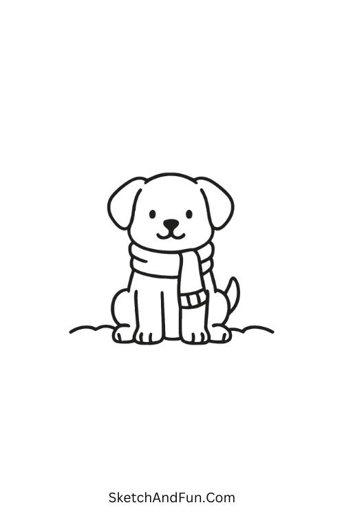 Puppy in snow with scarf for winter drawing for toddlers and kids