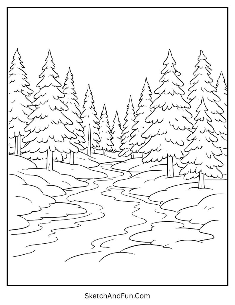 River through pines in winter landscape coloring pages download pdf