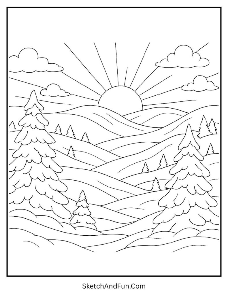 Sunrise scene made for a winter scene coloring sheet pdf free