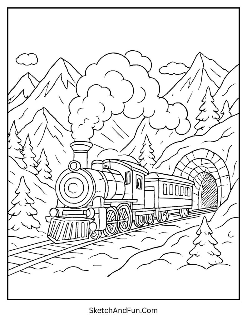 Train in mountains for winter landscape coloring pages for adults printable