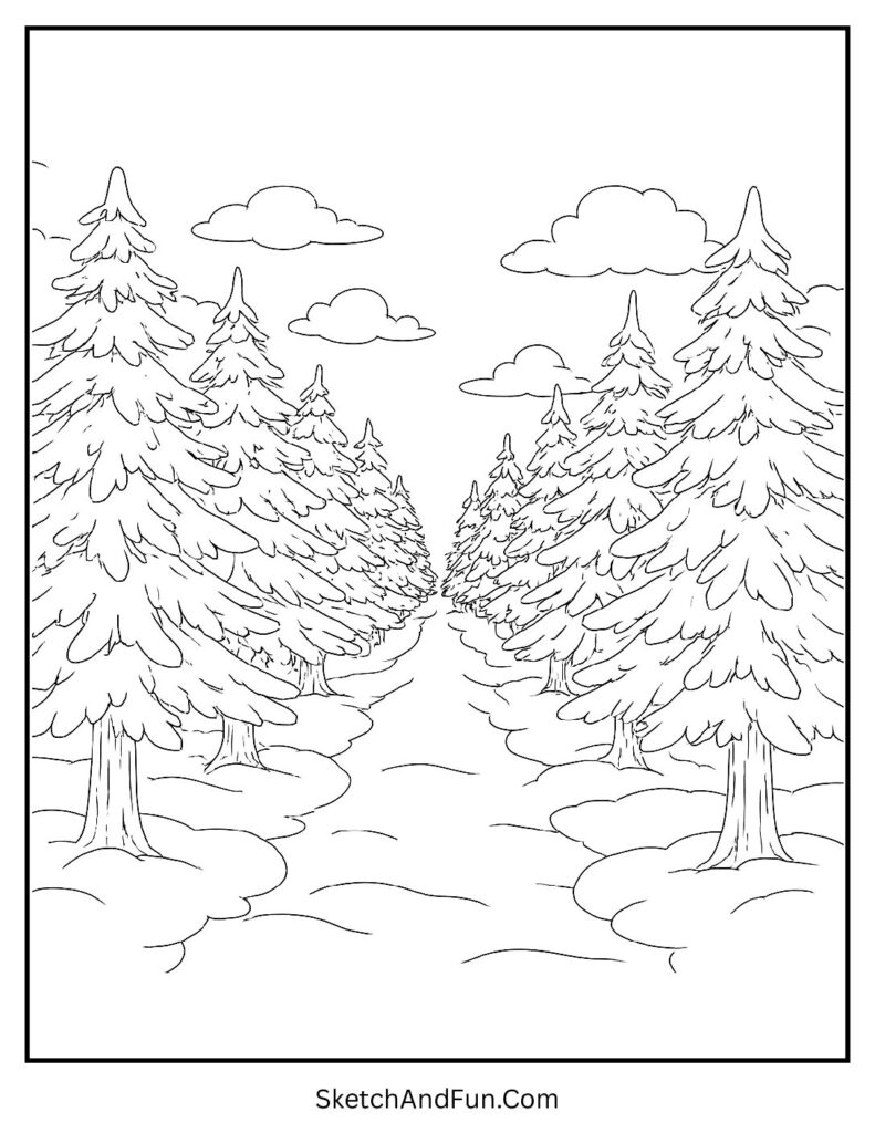 Tree farm pathway in a winter landscape drawing coloring page pdf