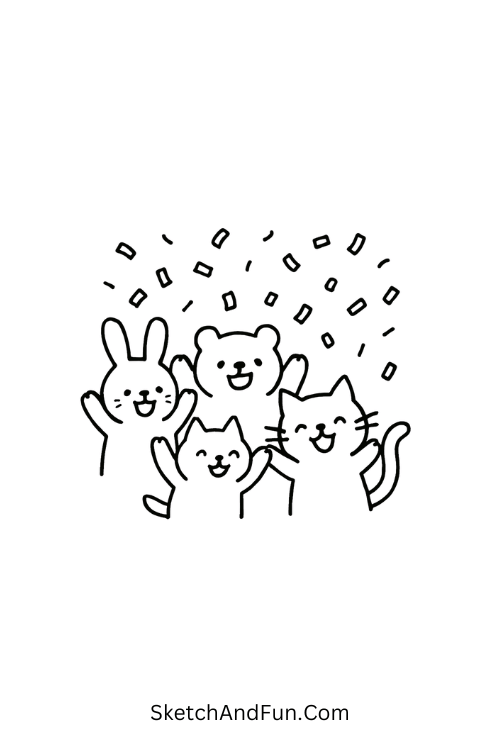 Cute animals tossing confetti around for lively birthday doodle illustrations
