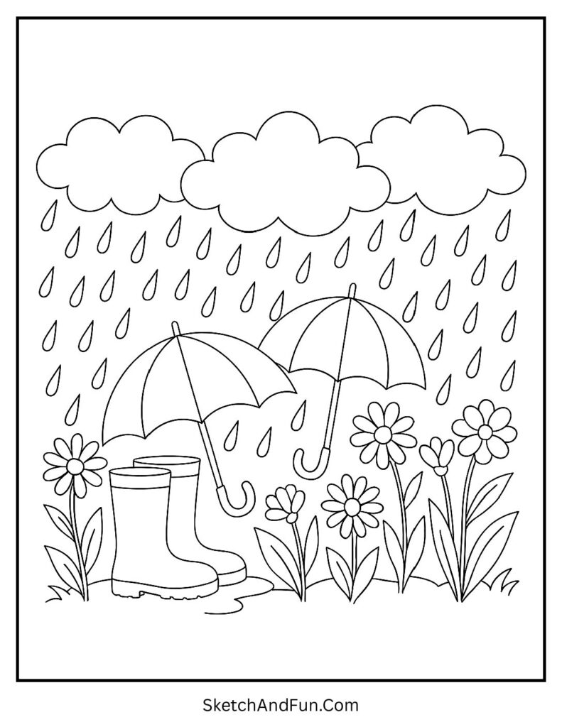 Umbrellas and rain flowers in spring rain coloring pages