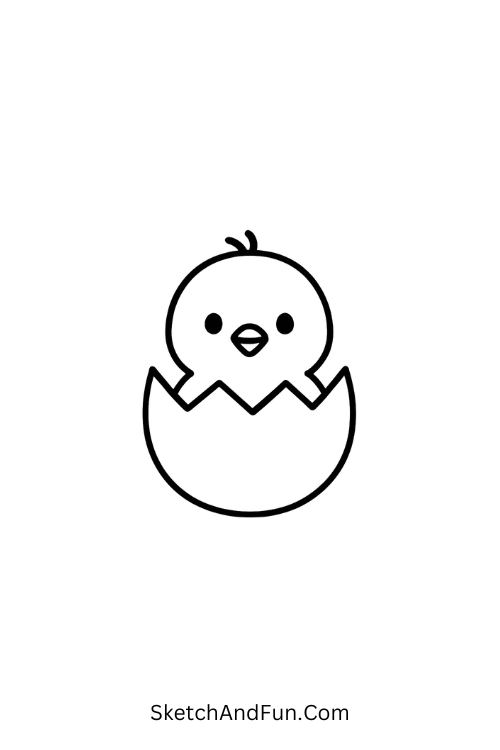 Easy easter chick drawing showing a baby chick popping out of an egg