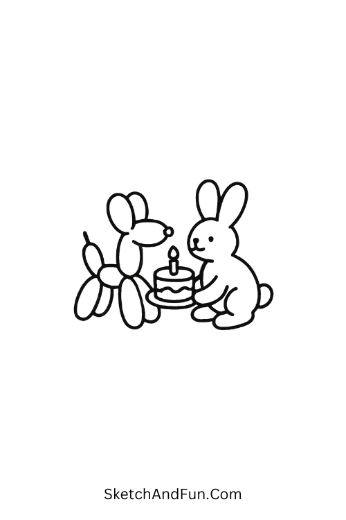 Balloon animals holding cake together in birthday doodle celebration icons