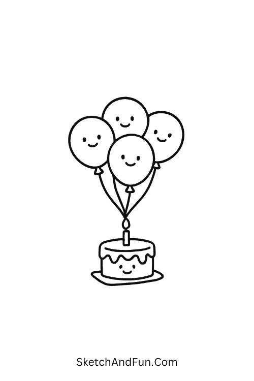 Small cake lifted by balloons floating in birthday doodle clipart style