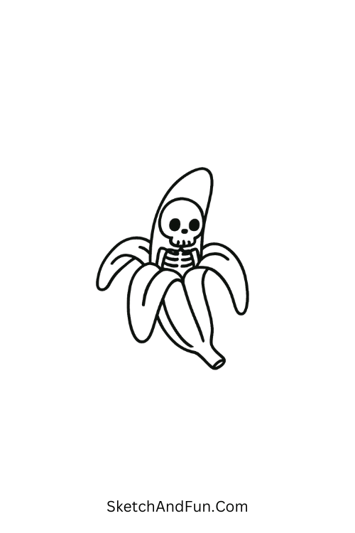 Banana Skeleton, peeled banana showing skeleton inside in cursed doodle memes