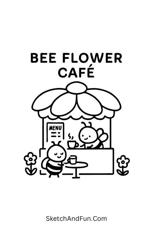 Bees running a tiny café made of petals for spring doodle art ideas