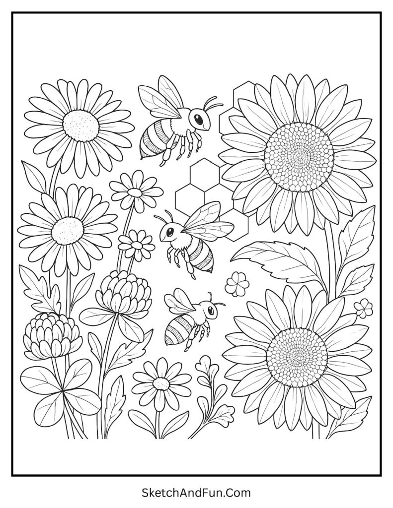 Bees and sunflowers in spring flower coloring pages