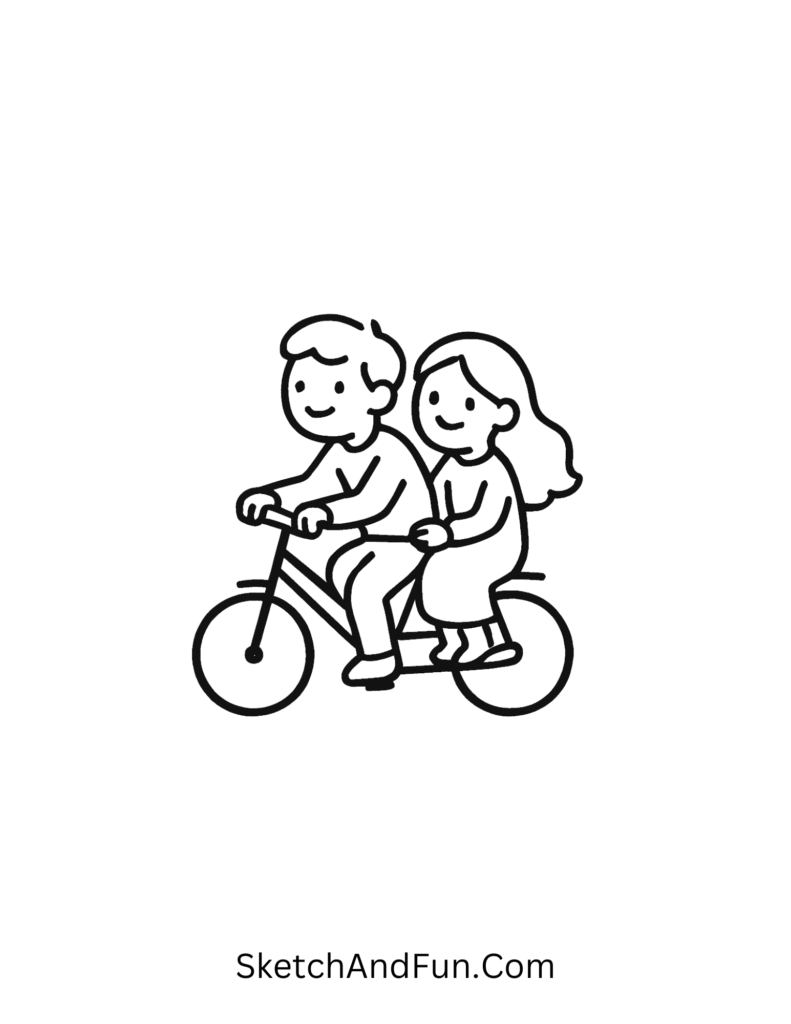 Happy bike ride together in cute couple doodles for coloring