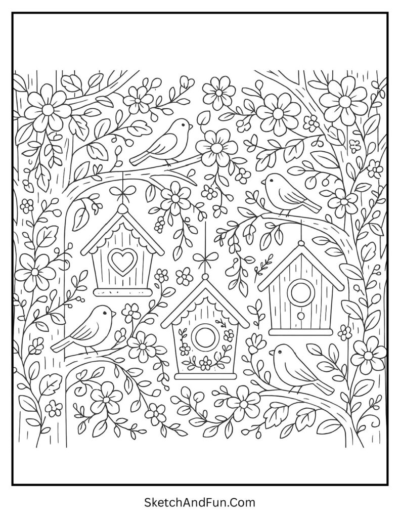 Hanging birdhouses in spring bird coloring pages