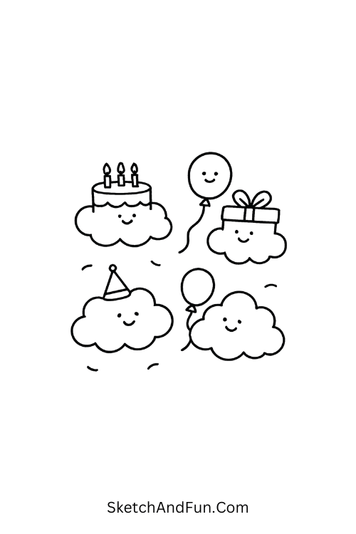 Clouds shaped like cakes and balloons for step-by-step happy birthday doodle tutorial
