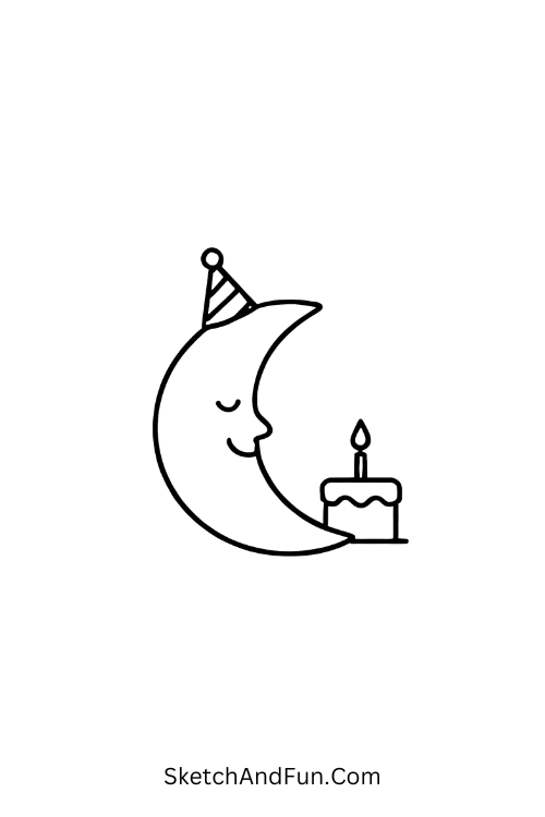 Crescent moon with party hat smiling at cake as birthday doodle inspiration