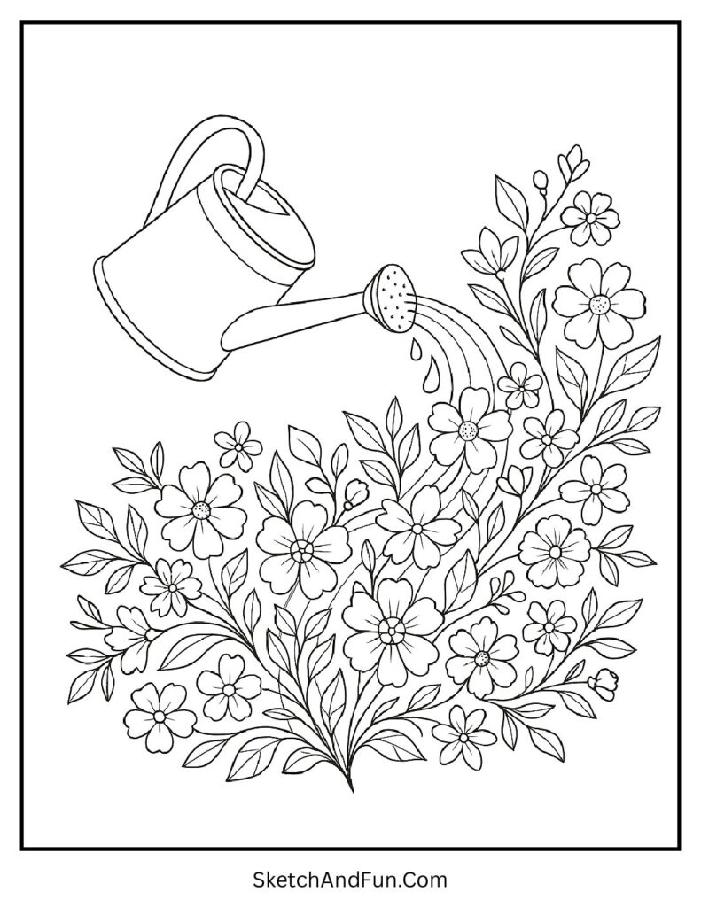 Watering can with flowers from spring craft coloring pages